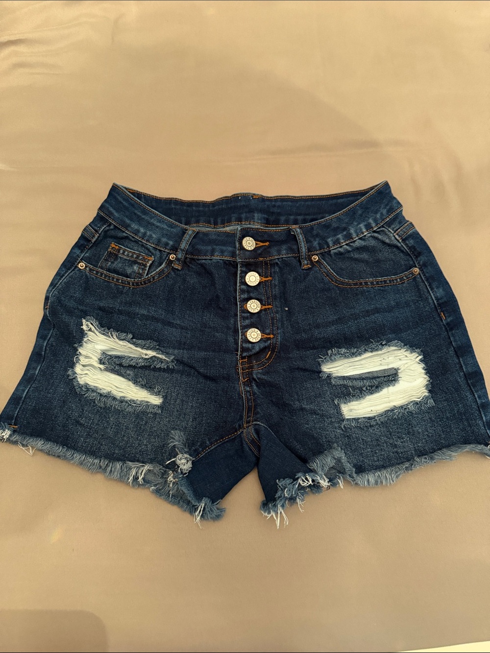 High-Rise Distressed Denim Shorts - Dark Blue